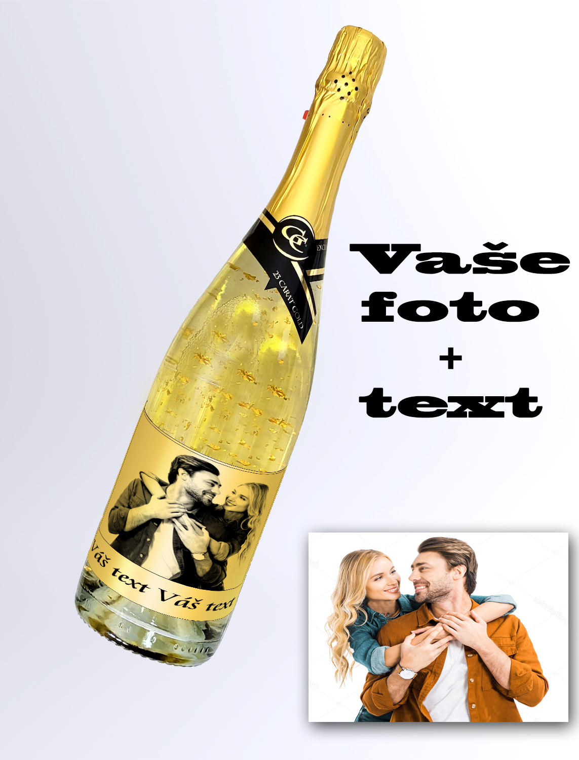 Foto zlaté šampaňské vlatní text a obrázek